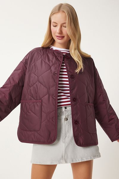 Happiness İstanbul Burgunderrote Steppjacke mit breiter Tasche für Damen FN03395