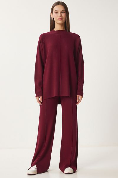 Happiness İstanbul Set aus weinrotem Strickpullover und Hose – Stilvolles Damen-Set MU00012