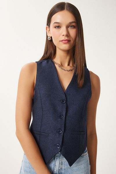 Happiness İstanbul Marineblaue Webweste mit Wolleffekt für Damen GP00014