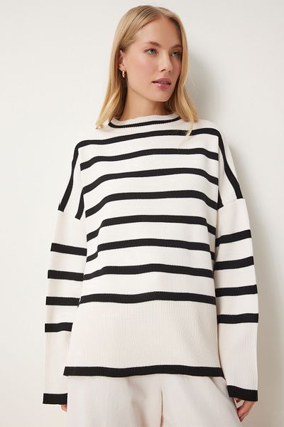 Happiness İstanbul Women's Ecru Black Striped Oversize Knitwear Sweater Bv00121