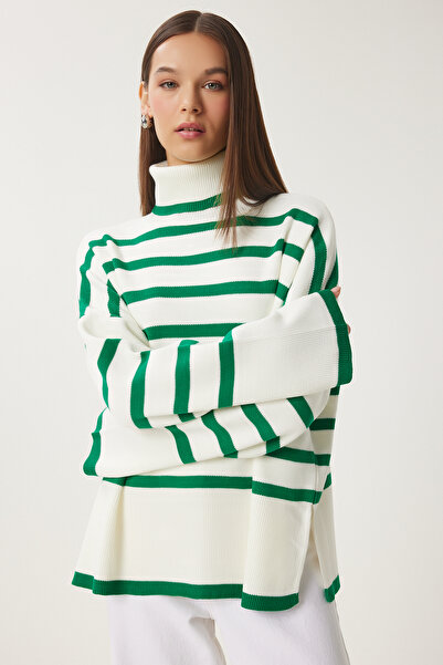 Happiness İstanbul Women's Green Bone Turtleneck Oversize Striped Knitwear Sweater BV00014