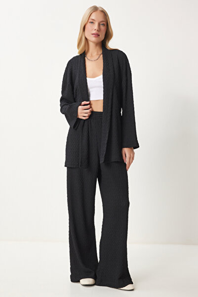 Happiness İstanbul Női fekete texturált kötött kimonó nadrág szett RG00046