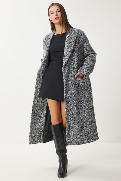 Happiness İstanbul Anthracite Premium Oversize Women's Boucle Coat - Fn03421