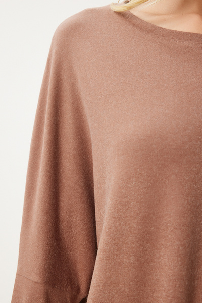 Happiness İstanbul Дамска плетена блуза с кръгло деколте от норка En00616