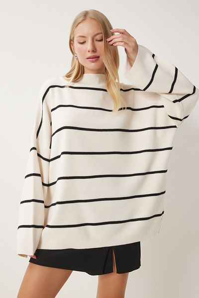 Happiness İstanbul Cremefarbener, gestreifter, langer Oversize-Strickpullover für Damen YY00087