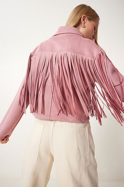 Happiness İstanbul Suede Rose Suede Jacket - Košilový límec, Střapec, Dámské, Dp00222
