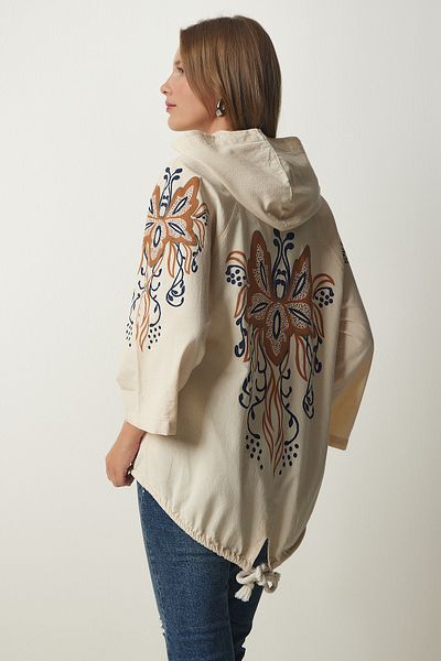 Happiness İstanbul Cremebraune bedruckte Jacke aus Rohleinen mit Kapuze für Damen SA00014