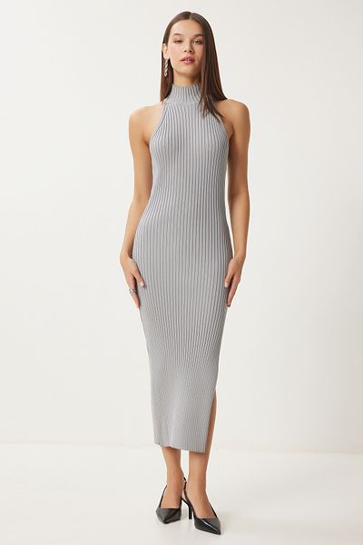 Happiness İstanbul Women's Stone Off-The-Shoulder Ribbed Knitwear Dress Fn03424