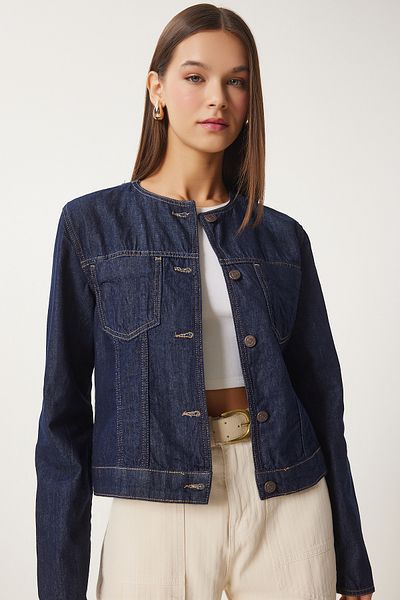 Happiness İstanbul Marineblaue Jeansjacke mit Rundhalsausschnitt für Damen FN03417