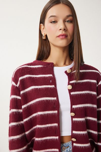 Happiness İstanbul Women's Burgundy Bone Stylish Buttoned Striped Knitwear Cardigan Pf00051