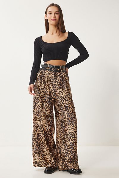 Happiness İstanbul Beige-schwarze, gewebte Culatte-Hose mit Leopardenmuster und doppeltem Gürtel für Damen FN03412