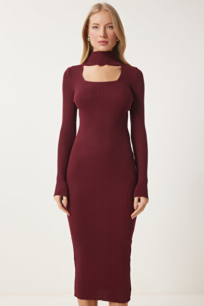 Happiness İstanbul Kadın Bordo Cut Out Detaylı Dik Yaka Fitilli Triko Elbise FN03388