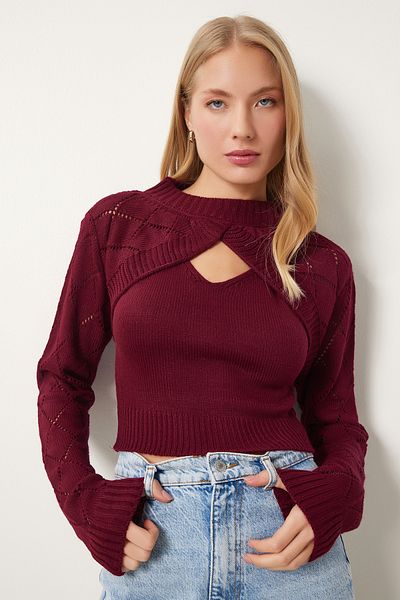 Happiness İstanbul Burgunderroter Rollkragenpullover für Damen, Sportler-Crop-Set MT00153