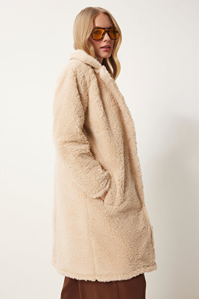 Happiness İstanbul Płaszcz damski beżowy z kołnierzem warstwowym i pluszem Zh00009