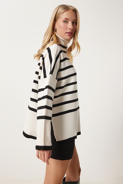 Happiness İstanbul Women's Ecru Black Striped Oversize Knitwear Sweater Bv00122