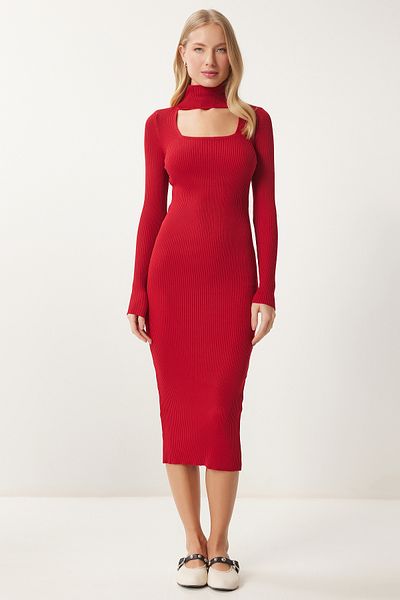 Happiness İstanbul Women's Red Cut Out Detailed Stand Collar Ribbed Knitwear Dress Fn03388
