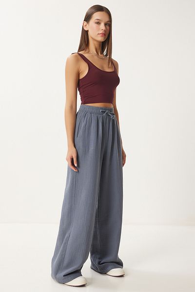 Happiness İstanbul Women's Anthracite Muslin Palazzo Trousers Mx00160