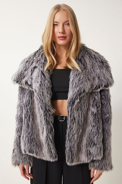 Happiness İstanbul Women's Gray Black Wide Collar Faux Fur Jacket Fn03431