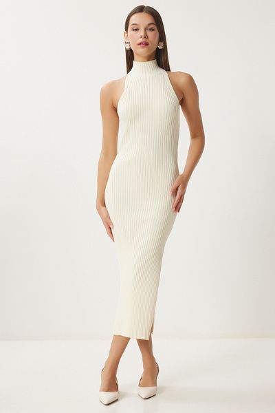 Happiness İstanbul Women's Bone Off-the-Shoulder Wrap Corded Knitwear Dress FN03424
