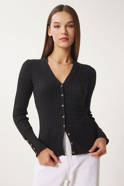 Happiness İstanbul Women's Black Thessaloniki Knit Detailed Saran Knitwear Cardigan Fn03399