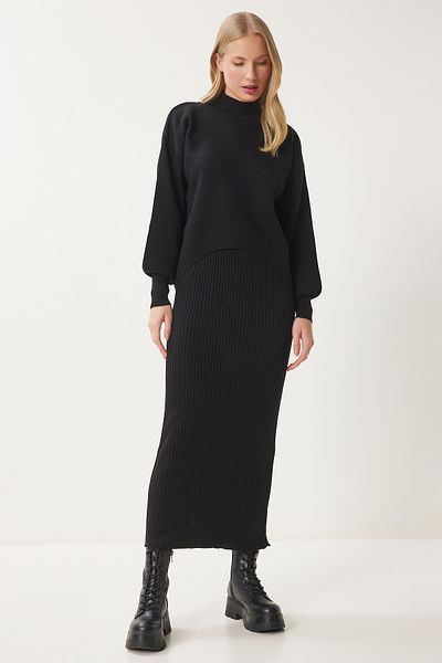 Happiness İstanbul Schwarzes Sweatshirtkleid aus Rippstrick für Damen KG00006