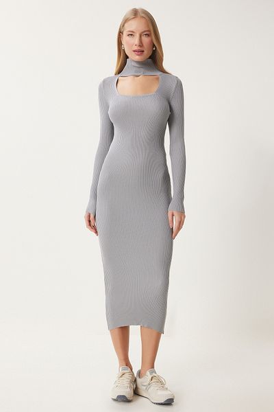 Happiness İstanbul Women's Gray Cut Out Detailed Stand Collar Ribbed Knitwear Dress Fn03388