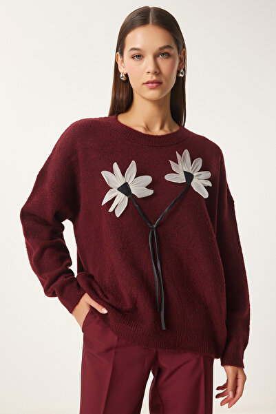 Happiness İstanbul Pulover de damă bordeaux cu detalii florale PF00103