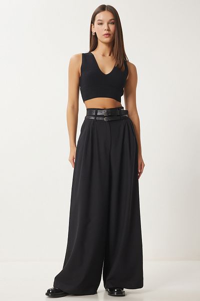 Happiness İstanbul Women's Black Double Belted Loose Culotte Pants Fn03414