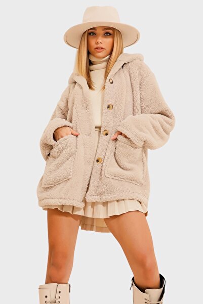 Trend Alaçatı Stili Μπουφάν γυναικείο oversize βελούδινο χωρίς επένδυση με διπλές τσέπες και κουμπιά μπροστά ALC-X11149.