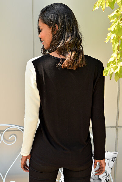 Trend Alaçatı Stili Women's Black-White V-Neck Blocked Knitted Blouse ALC-016-193-BST
