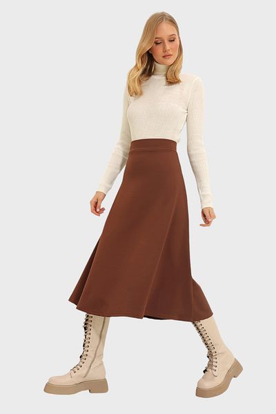 Trend Alaçatı Stili Brauner Damenrock mit hoher Taille und elastischer Taille in A-Form in Midi-Länge ALC-X11324