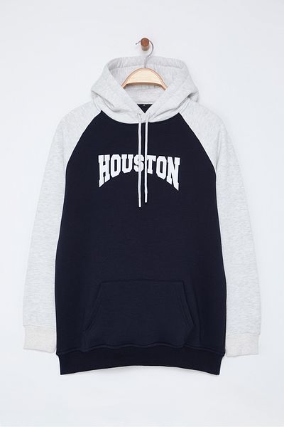 Edit by Trendyol Námořnická modrá oversize/široký střih Houston Text Potištěná pánská mikina s kapucí Tedaw25Sw00079