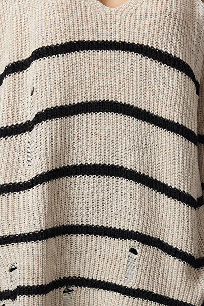 Trendyol Collection Beige Striped Openwork Knitwear Sweater Twoaw25Kz00387