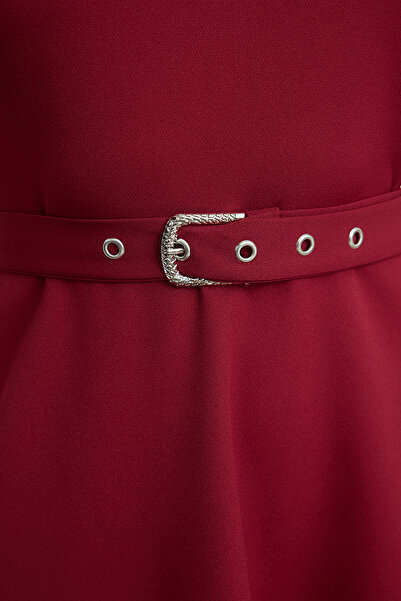 Trendyol Collection Bordó öves derék ing részletes mini szőtt ruha TWOAW25EL00398