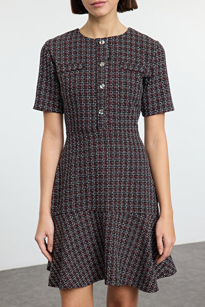 Trendyol Collection Черна мини рокля от туид с кръгло деколте - Пола с отваряне на талията Twoaw25El00280