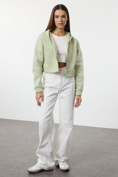 Trendyol Collection Relaxed Fit Mint Crop mikina - na zip, s kapucí, fleece, tlustá uvnitř Twoaw20Sw0660