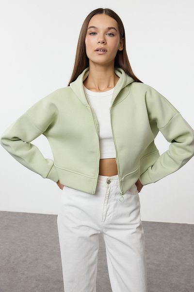Trendyol Collection Relaxed Fit Mint Crop mikina - na zip, s kapucí, fleece, tlustá uvnitř Twoaw20Sw0660