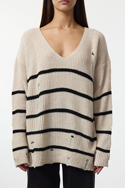 Trendyol Collection Beige Striped Openwork Knitwear Sweater Twoaw25Kz00387