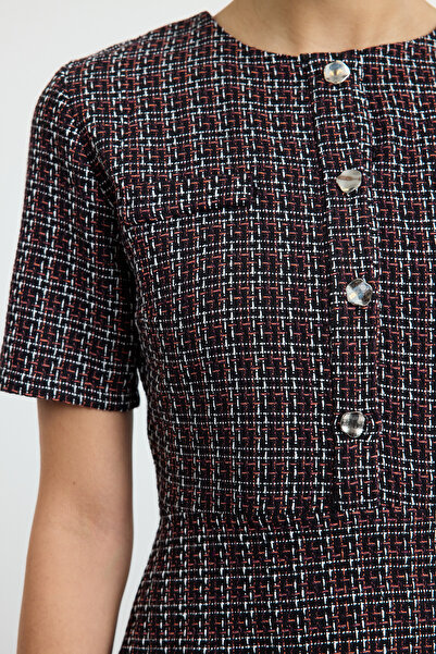 Trendyol Collection Черна мини рокля от туид с кръгло деколте - Пола с отваряне на талията Twoaw25El00280