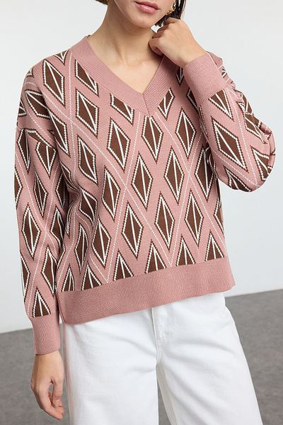 Edit by Trendyol Pulover de tricotaj obișnuit cu decolteu în V cu model geometric roz TEDAW25KZ00038