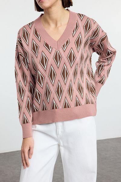 Edit by Trendyol Pulover de tricotaj obișnuit cu decolteu în V cu model geometric roz TEDAW25KZ00038