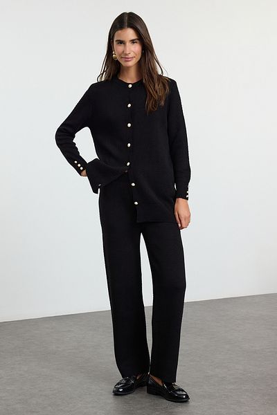 Trendyol Modest Black Pearl Buttoned Knitwear Top and Bottom Set Tctaw25Us00035