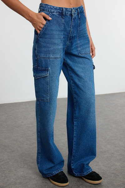 Trendyol Collection Indigo Cargo Pockets High Waist Wide Leg Jeans Twoaw22Je0393
