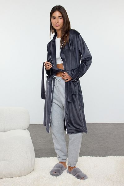 Trendyol Collection Smoked Velvet Knitted Dressing Gown - Belted, Ribbed and Pocket Thmaw25Sb00018