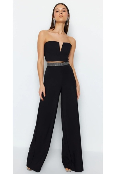 Nokta Regular boy taş kemer detaylı dokuma siyah bol paca pantolon