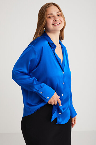 ETHIQUET Eileen Women's Blue Oversize Satin Look Shirt Collar Large Size Shirt