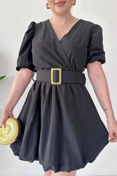 MaziButik Balloon Belted Dress Black