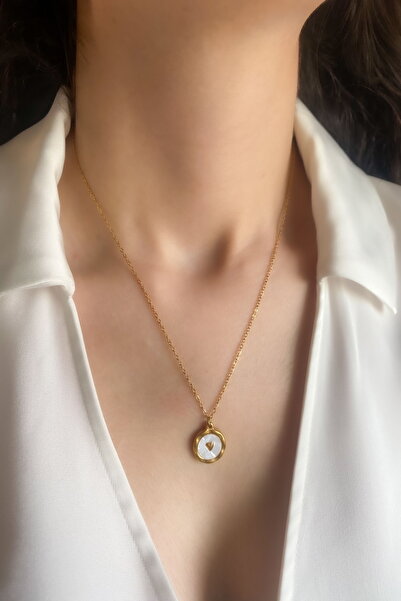 DEMOKAN Kadın Çelik Kolye Yuvarlak Sedef Plaka Kalp Detay Düz Zincir Kolye