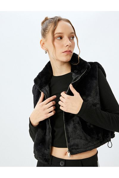 Koton Faux Fur Stand Collar Zippered Crop Lined Vest
