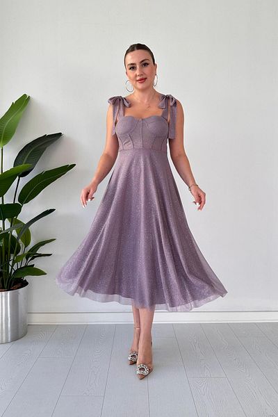 MaziButik Rochie de seara evazata cu sclipici liliac